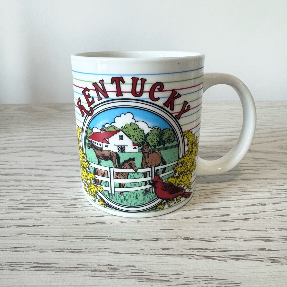 Vintage 90’s 2000’s Kentucky Themed White Mug w/ Barn and Horses